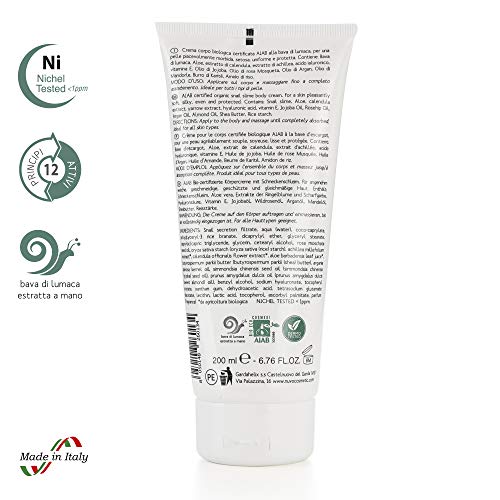 Nuvo' Baba de Caracol Orgánica Certificada AIAB Crema corporal 200ml Ácido hialurónico Aloe 12 Principios naturales activos Hidratante Nutritivo Protector válido contra las estrías 100% Made in Italy