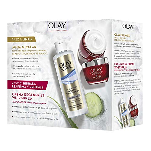 Olay Pack Regenerist Whip Crema Hidratante Día Textura Ligera SPF 30 + Cleanse Agua Micelar Esencia de Agua Húngara con Extractos de Aloe Vera y Pepino