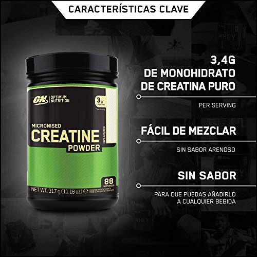 Optimum Nutrition ON Creatina Monohidrato Micronizada, Creatine en Polvo, Suplementos Deportivos para Musculacion, Sin Sabor, 88 Porciones, 317g