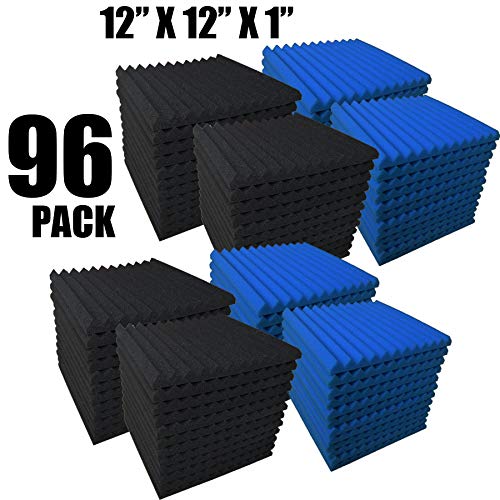 Paquete de 96 azules/negros absorben el eco de espuma acústica Wedge Studio azulejos de pared insonorizantes 12 pulgadas x 12 pulgadas x 1 pulgada