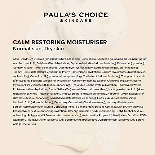 Paula’s Choice Calm Crema Hidratante Facial - Crema de Noche Hidrata y Calma Pieles Sensibles - con Vitamina E y Aceite de Jojoba - Pieles Normales a Secas - 60 ml