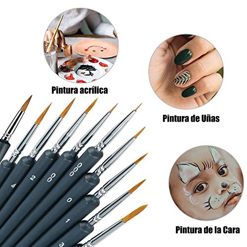 Pinceles para Pintura, 10 Piezas Pinceles Acrilico, Miniatura Cepillos para Pintura de Arte Brochas Redondas de Arte Profesionales, Juego de Pinceles para Pintar al Óleo/Acrílica/Acuarela