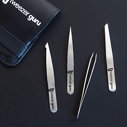 Pinzas de Depilar Profesionales Tweezer Guru Para Cejas (Set de 4) – Pinza Punta Acero Inoxidable – Gran Precisión para Pelos Faciales, Pelos Encarnados, Espinillas y Astillas (Plata)