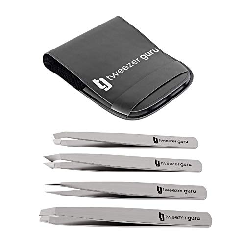 Pinzas de Depilar Profesionales Tweezer Guru Para Cejas (Set de 4) – Pinza Punta Acero Inoxidable – Gran Precisión para Pelos Faciales, Pelos Encarnados, Espinillas y Astillas (Plata)