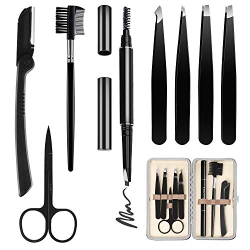 Pinzas Depilar HOCOSY 8 Piezas Kit de Cejas con Tijeras para Cejas, Lapiz Cejas, Pinzas de Depilar, Navaja, Peine para Cejas, Recortador de Cejas para Mujeres y Hombres, Negro