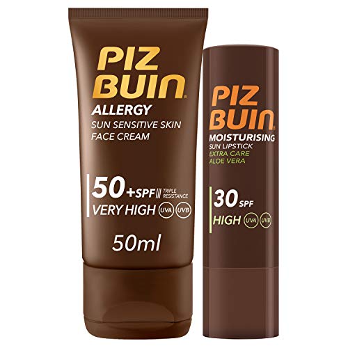 Piz Buin Allergy - Pack con Protector Solar Facial SPF 50 y Protector Labial SPF 30, 50 ml