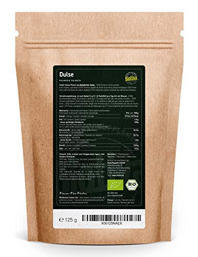 Polvo de dulse orgánico 125 g - Palmaria palmata - alga roja - sin aditivos - superfood - 100% orgánica - llenada y verificada en Alemania (DE-ÖKO-005)