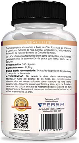 Potente anticelulítico y reductor intensivo | Cápsulas anticelulitis | Elimina la piel de naranja de forma eficaz | Fórmula completa de rápida actuación con CLA, l-carnitina y cafeina | 100 cápsulas