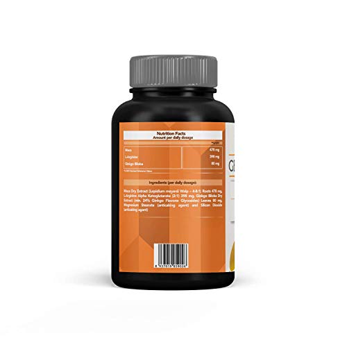 Potente Vigorizante natural | Booster de Testosterona | Maca Andina Pura + L- Arginina LKG + Ginkgo Biloba | Acción Afrodisiaca natural y estimulante muscular | Potencia tus entrenamientos | 90 Caps.