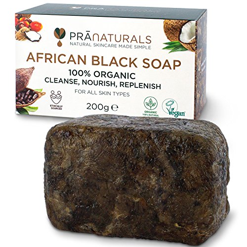 PraNaturals Jabón Negro Africano 200g, Orgánico y Vegano para Todo Tipo de Pieles, de Origen y Artesanal en Ghana Tropical, Tratamiento Natural Desintoxicante y Antienvejecimiento para Cuerpo y Cara