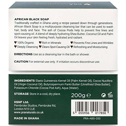 PraNaturals Jabón Negro Africano 200g, Orgánico y Vegano para Todo Tipo de Pieles, de Origen y Artesanal en Ghana Tropical, Tratamiento Natural Desintoxicante y Antienvejecimiento para Cuerpo y Cara