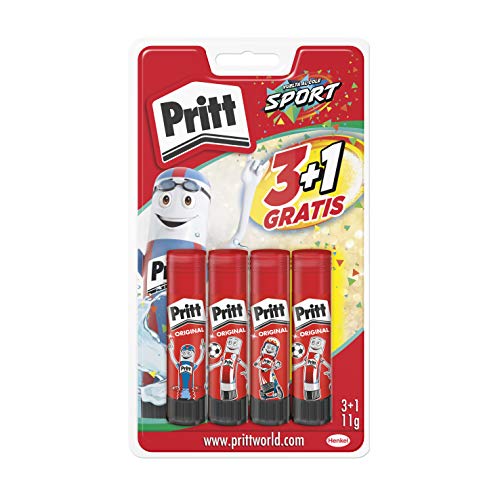 Pritt Barra Adhesiva, pegamento infantil seguro para niños para manualidades, cola universal de adhesión fuerte para estuche escolar y oficina, 3+1 x 11 g Pritt Stick