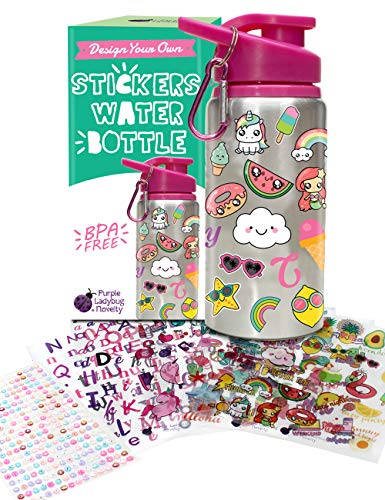 Purple Ladybug Decora tu Propia Botella Agua para Niñas con Montones de Pegatinas Infantiles – Botella sin BPA 560 ml – Regalos Originales para Niños de Todas Las Edades – Set de Manualidades Niños