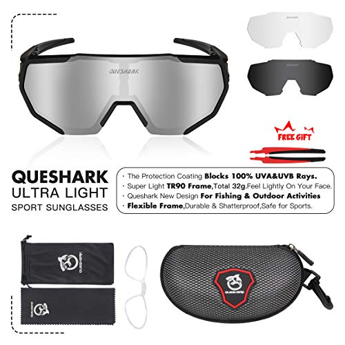 Queshark Gafas De Sol Polarizadas para Ciclismo con 3 Lentes Intercambiables UV400 MTB Bicicleta Montaña (Negro)