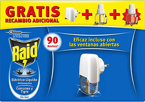 Raid Eléctrico Anti Mosquitos Comunes y Tigre 90 Noches con Aplicador y 2 Recambios - 200 gr, Blanco