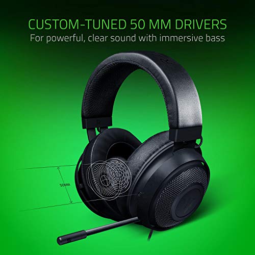 Razer Kraken Auriculares Gaming con cable para juegos multiplataforma para PC, PS4, Xbox One & Switch, Diafragma 50 mm, Cable de 3.5mm con controles de línea, Negro