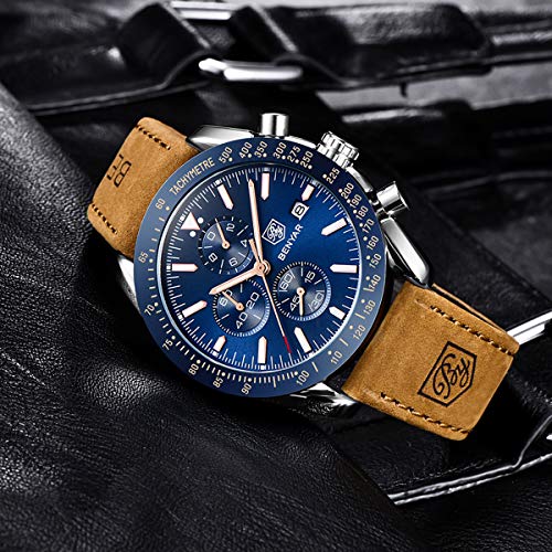 Relojes Hombre BENYAR Cronógrafo Analógico Cuarzo 3AMT Impermeable Pulsera de Cuero Deporte Watch Business Casual Relojes de Pulsera Regalo Elegante