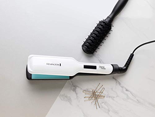 Remington Shine Therapy S8550 - Plancha de Pelo, Aceite de Argán, Cerámica, Digital, Placas Anchas, Resultados Profesionales, Blanco