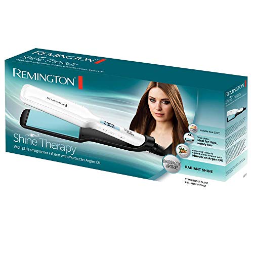 Remington Shine Therapy S8550 - Plancha de Pelo, Aceite de Argán, Cerámica, Digital, Placas Anchas, Resultados Profesionales, Blanco