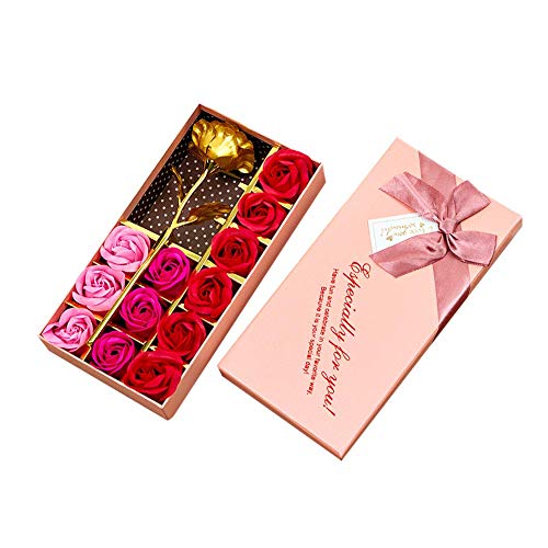 Románticos regalos 12 piezas Jabón rosa y hoja de oro de 24 k Flores de pétalos de rosa con caja de regalo (Rosa)