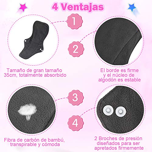 Rovtop 5PCS 35 cm Reutilizables de Carbón de Bambú para Noche - Almohadilla Menstrual Reutilizable Compresa Super Larga para el Cuidado Nocturno, Deportivo y Posparto + 1 Bolsa de Transporte Mini