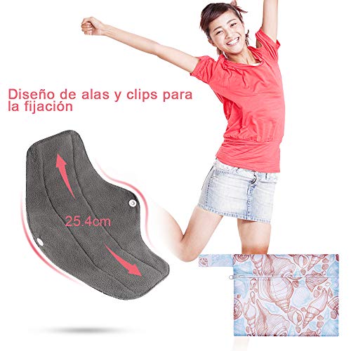 Rovtop 7PCS 25.4cm Reutilizables de Carbón de Bambú - Almohadilla Menstrual Reutilizable Compresa + 1 Bolsa de Transporte Mini, Más Saludable, Económico y Ecológico