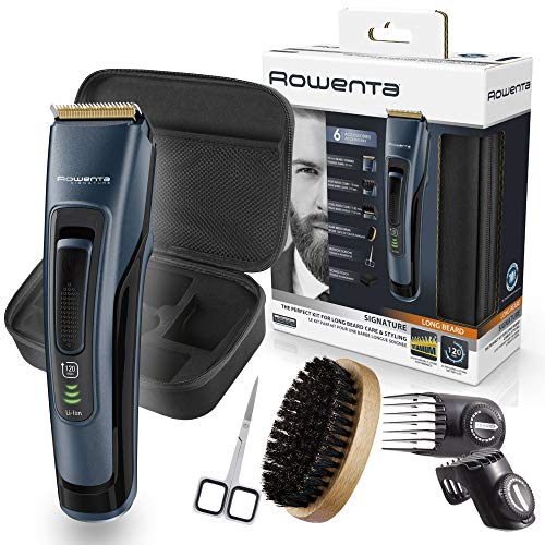 Rowenta Kit cuidado barba Signature TN4500, Cortapelos y barbero, cuchillas autoafilables revestimiento titanio, cepillo cerdas naturales, tijeras para bigote, estuche, autonomía 90 min y dos peines