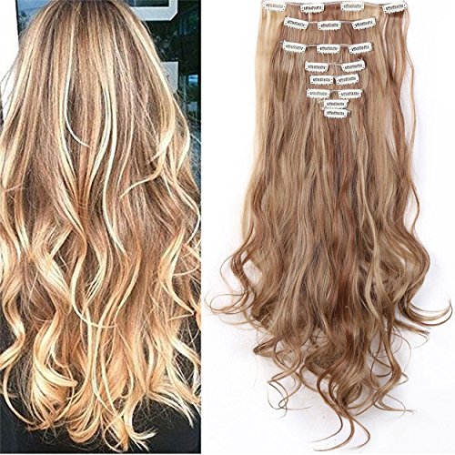 S-noilite® 24" (60 cm) extensiones de cabello cabeza completa clip en extensiones de pelo Ombre ondulado rizado - Marrón claro & ceniza rubia