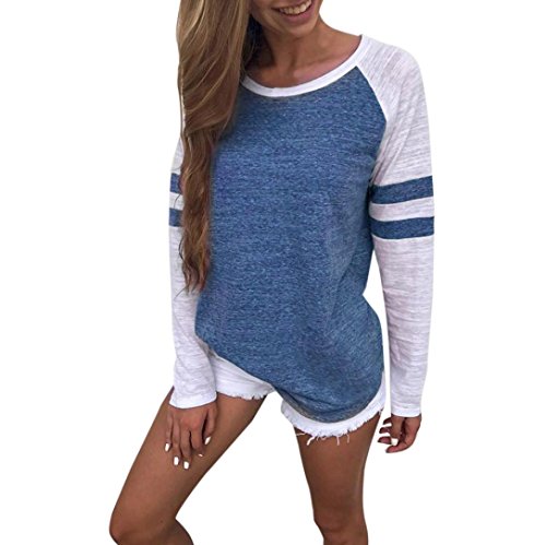 SHOBDW Separación Mujer Camiseta Manga Larga Empalme Blusa Tops otoño Invierno Ropa (S, Azul)