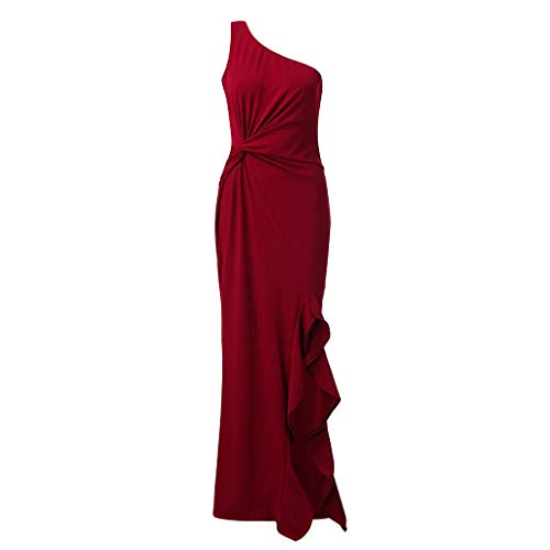 SHOBDW Vestidos Mujer Día De San Valentín Presente SóLido Un Hombro Vestido De Fiesta De Noche Formal Elegante con Pliegues Altos con Volantes De Hendidura Elegante Maxi Vestidos Largos(Rojo,XXL)