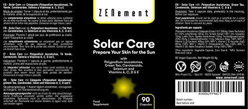 Solar Care con Calaguala (Polypodium leucatomos), Té Verde, Carotenoides, Selenio y Vit. A, C, D y E, 90 Cápsulas | Protege la piel del sol, previene las quemaduras, prepara el bronceado | Vegano