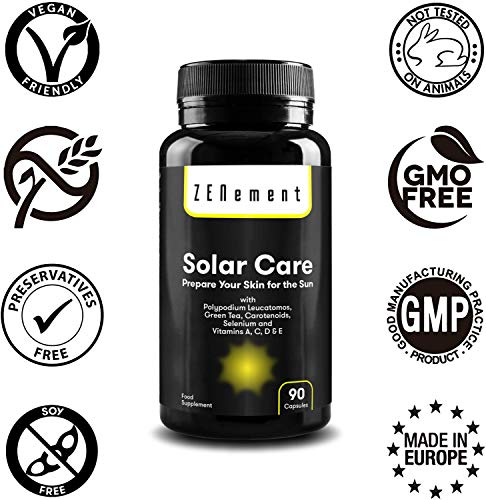 Solar Care con Calaguala (Polypodium leucatomos), Té Verde, Carotenoides, Selenio y Vit. A, C, D y E, 90 Cápsulas | Protege la piel del sol, previene las quemaduras, prepara el bronceado | Vegano