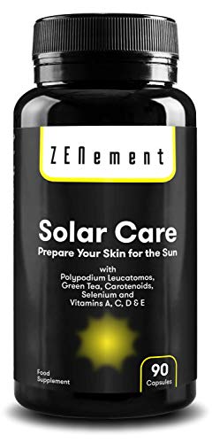 Solar Care con Calaguala (Polypodium leucatomos), Té Verde, Carotenoides, Selenio y Vit. A, C, D y E, 90 Cápsulas | Protege la piel del sol, previene las quemaduras, prepara el bronceado | Vegano