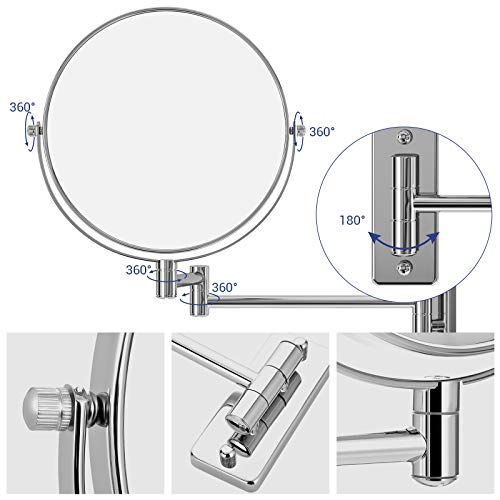 SONGMICS - Espejo de Pared Doble Cara, Espejo de Maquillaje, Espejo cosmético, 10 aumentos, 360 ° Giratorio, Extensible, Ø20 cm BBM001