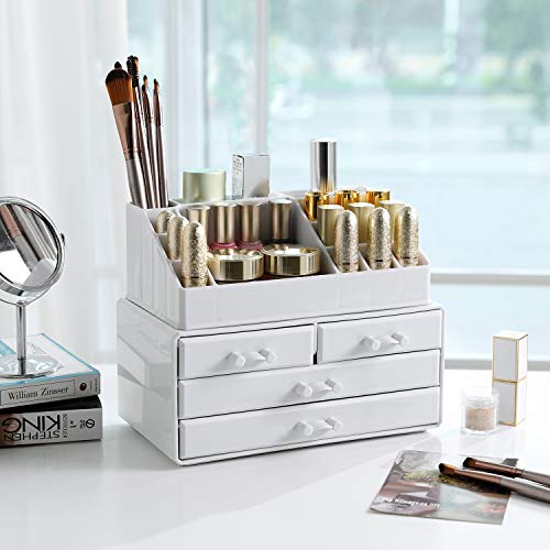 SONGMICS Organizador de Maquillaje, Material acrílico, con 4 cajones para Almacenamiento en el baño o el Dormitorio, para pintalabios, Joyas, Esmalte de uñas, Hilo de Coser, en Color Blanco