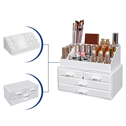 SONGMICS Organizador de Maquillaje, Material acrílico, con 4 cajones para Almacenamiento en el baño o el Dormitorio, para pintalabios, Joyas, Esmalte de uñas, Hilo de Coser, en Color Blanco