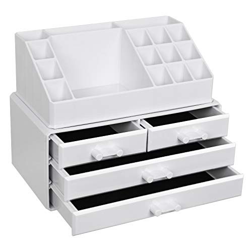 SONGMICS Organizador de Maquillaje, Material acrílico, con 4 cajones para Almacenamiento en el baño o el Dormitorio, para pintalabios, Joyas, Esmalte de uñas, Hilo de Coser, en Color Blanco