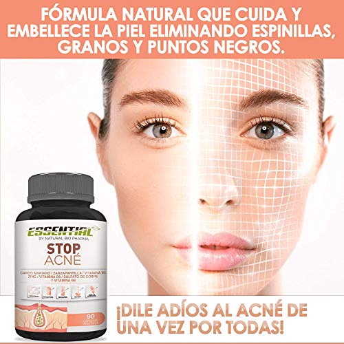 STOP ACNÉ | Elimina el Acné y Previene su Aparición | Tratamiento Eficaz Contra Espinillas y Puntos Negros Grasos | Cardio Mariano + Zarzaparrilla + Zinc + Cobre + Vit. B5, B6, B8 | 90 caps. vegetales