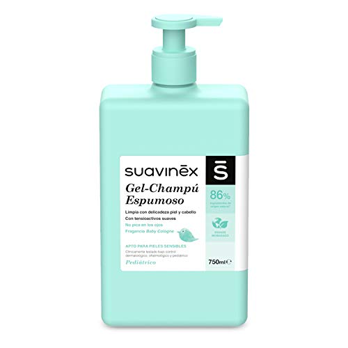 Suavinex 303727 – Gel-Champú Espumoso para Bebés. No Pica En Los Ojos. Textura Espumosa y Fragancia Baby Cologne. 86% Ingredientes de Origen Natural. Gel-Champú para Piel y Cabello, 750Ml