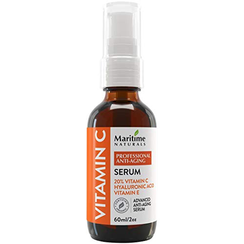 Suero de vitamina C 20% de Maritime Naturals – Sérum Ácido Hiaulurónico – Sérum Antiedad y Antiarrugas – Certificado Orgánico – Bote GRANDE de 60ml