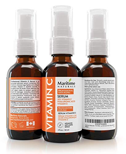 Suero de vitamina C 20% de Maritime Naturals – Sérum Ácido Hiaulurónico – Sérum Antiedad y Antiarrugas – Certificado Orgánico – Bote GRANDE de 60ml