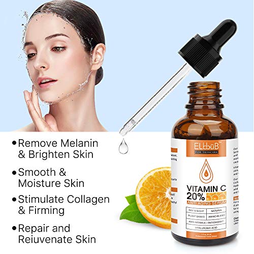 Suero de Vitamina C para Rostro - Suero Facial Puro con 20% Vitamina C, ácido hialurónico, Vitamina B para Suero Anti edad para Rostro, Cuello y Contorno de Ojos