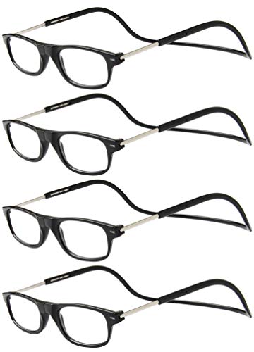 TBOC Gafas de Lectura Presbicia Vista Cansada – [Pack 4 Unidades] Montura Negra Graduadas +2.00 Dioptrías Hombre Mujer Regulables Plegables Imantadas Lentes Aumento Leer Ver Cerca Cuello Imán