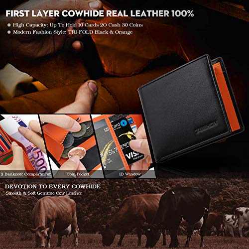 TEEHON Cartera para Hombre, Monedero con RFID Bloqueo con 10 Ranuras (9 Tarjetas + 1 ID), 2 Compartimentos para Billetes, 1 Bolsillo para Monedas con Botón, 1 Llavero y Regalo Caja - Naranja Negro