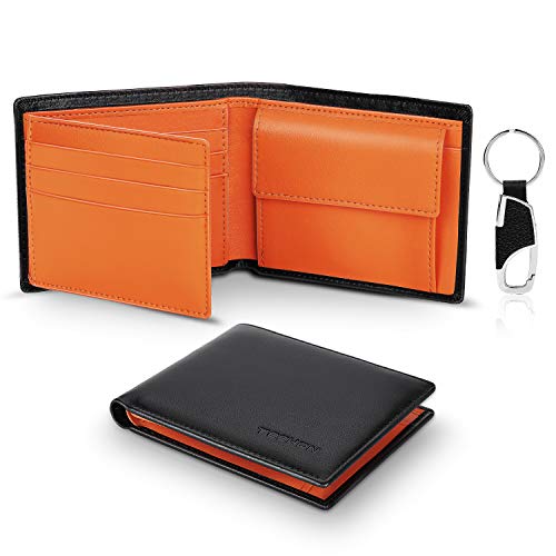 TEEHON Cartera para Hombre, Monedero con RFID Bloqueo con 10 Ranuras (9 Tarjetas + 1 ID), 2 Compartimentos para Billetes, 1 Bolsillo para Monedas con Botón, 1 Llavero y Regalo Caja - Naranja Negro