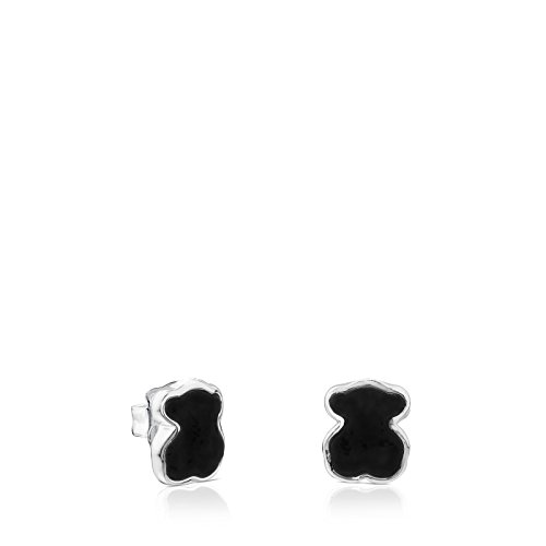 TOUS New Color - Pendientes de Plata de Primera Ley con Ónix Negro, Cierre Presión - Motivo: 0.7 cm