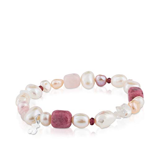 TOUS Pearls - Pulsera de Plata de Primera Ley, Perlas, Granates y Rodocrositas - 17,5 cm de Longitud