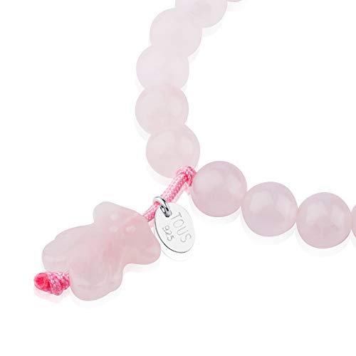 TOUS Pulsera ajustable de mujer de cuarzo rosa y placa de plata de primera ley, Diámetro 16 cm.