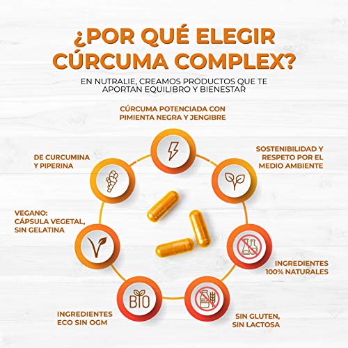 Turmeric Cúrcuma orgánica(650mg) con Jengibre(50mg) y Pimienta Negra(10mg) | 120 cápsulas vegetales | Máxima calidad | Potente antiinflamatorio y antioxidante natural | Cúrcuma complex | Nutralie