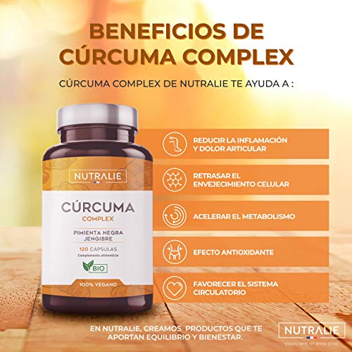 Turmeric Cúrcuma orgánica(650mg) con Jengibre(50mg) y Pimienta Negra(10mg) | 120 cápsulas vegetales | Máxima calidad | Potente antiinflamatorio y antioxidante natural | Cúrcuma complex | Nutralie